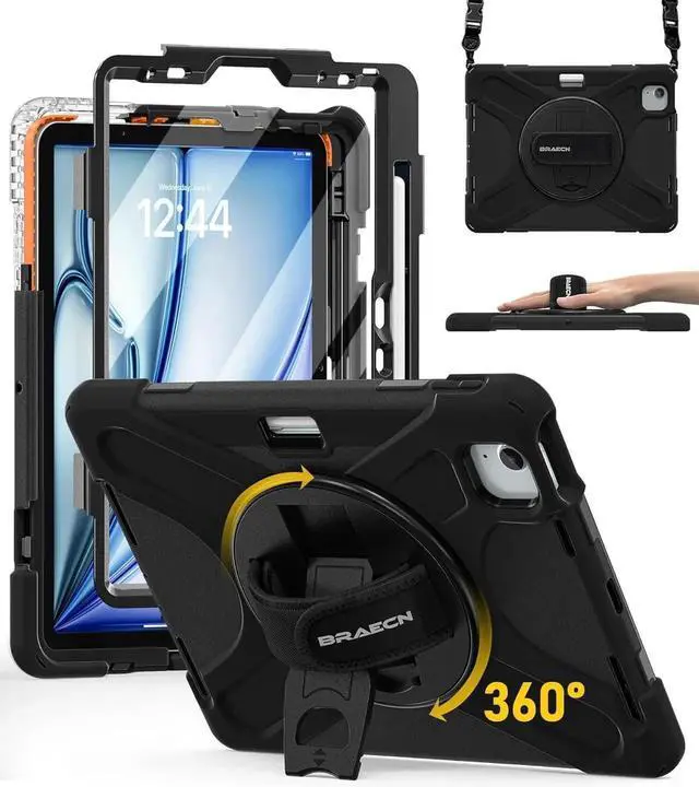 Alt view image 3 of 5 - BRAECN for iPad Air 11 Inch M3 2025/M2 2024 Case (Air 6th Gen),Shockproof Silicone with Screen Propector/Pencil Holder, Kickstand, Hand Strap for iPad Air 5th/4th Gen 10.9 Inch -Black