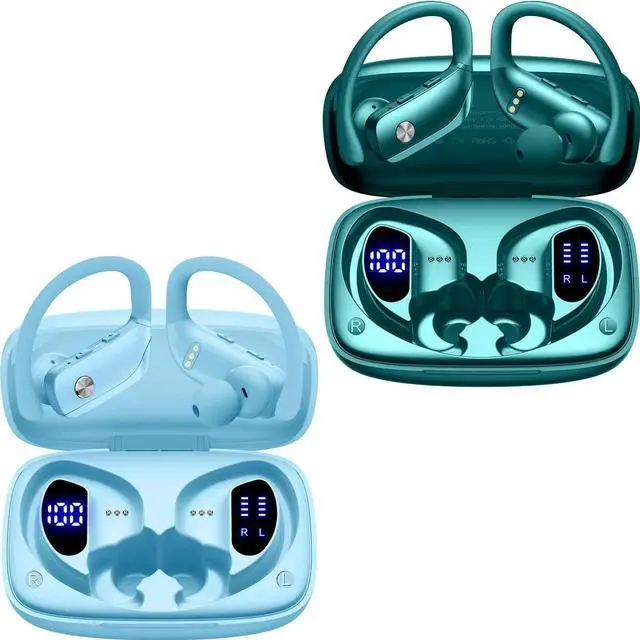 Main image of bmani 2 Sets Wireless Earbuds Bluetooth Headphones 48hrs Play Back Sport Earphones with LED Display Over-Ear Buds with Earhooks Built-in Mic Headset for Workout Sky Blue+Green