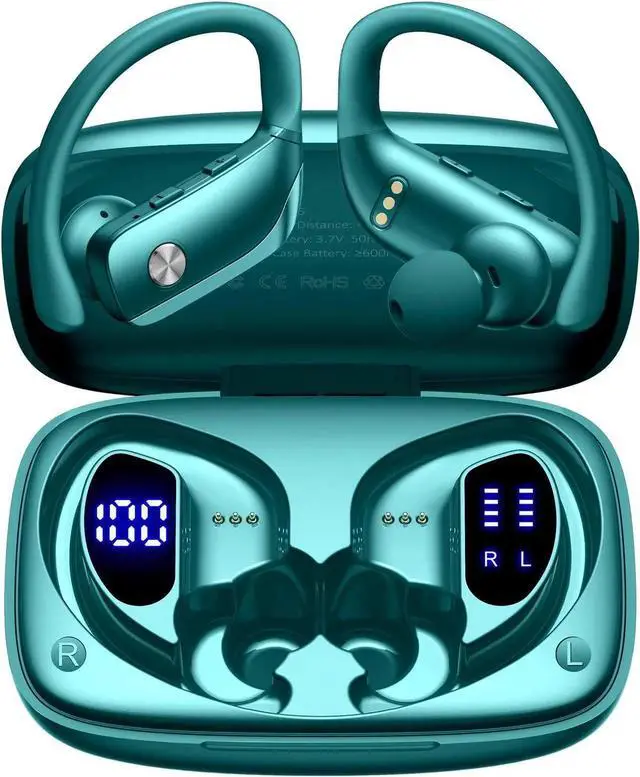 Alt view image 4 of 5 - bmani 2 Sets Wireless Earbuds Bluetooth Headphones 48hrs Play Back Sport Earphones with LED Display Over-Ear Buds with Earhooks Built-in Mic Headset for Workout Sky Blue+Green