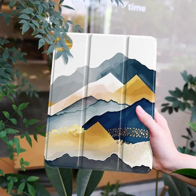 Alt view image 2 of 5 - Yebiseven Case for iPad 10.2 inch 9th/8th/7th Generation, Smart Tablet Case for iPad 10.2" 2021/2020/2019, Hard Clear Acrylic Back Shell with Pencil Holder + Auto Wake/Sleep, Oriental Mountain