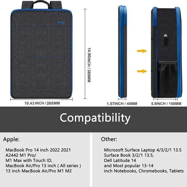 Alt view image 3 of 5 - ZINZ Slim & Expandable Laptop Backpack Water Resistant Travel Backpack Compatible with MacBook Air/Pro 13-14 inch XPS 13 Surface 13.5" and Most 13-14 inch NoteBooks,B01BL01
