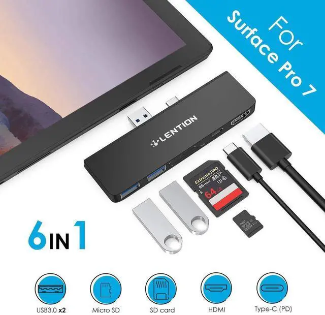 Alt view image 2 of 5 - LENTION Surface Pro 7 USB C Hub Docking Station,6-in-1 Surface Pro 7 Hub,4K@60Hz HDMI, SD&Micro SD Dual Card Reader Hub,2 USB 3.0 Hub, Type C Charging Port(CS34,Black)