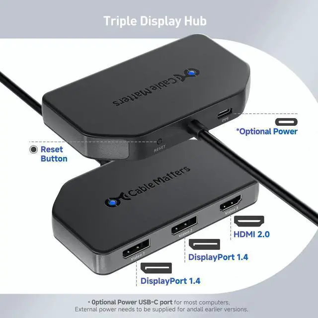 Alt view image 3 of 5 - Cable Matters DisplayPort 1.4 MST Hub (1 HDMI 2.0 + 2 DP 1.4) with Mini DP to DP Adapter, DP Splitter Hub with 2X DisplayPort and 1x HDMI for Windows, NOT Compatible with macOS
