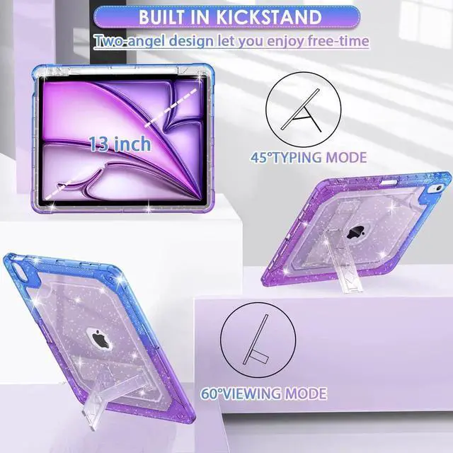Alt view image 4 of 5 - ZoneFoker for iPad Air M3 13 Inch Case 2025, for iPad Air M2 13-inch 6th Gen 2024 Glitter Slim Cover with Pencil Holder Heavy Duty Shockproof Hard Protective Case with Kickstand for Kids, Purple Blue