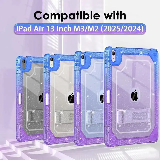 Alt view image 5 of 5 - ZoneFoker for iPad Air M3 13 Inch Case 2025, for iPad Air M2 13-inch 6th Gen 2024 Glitter Slim Cover with Pencil Holder Heavy Duty Shockproof Hard Protective Case with Kickstand for Kids, Purple Blue