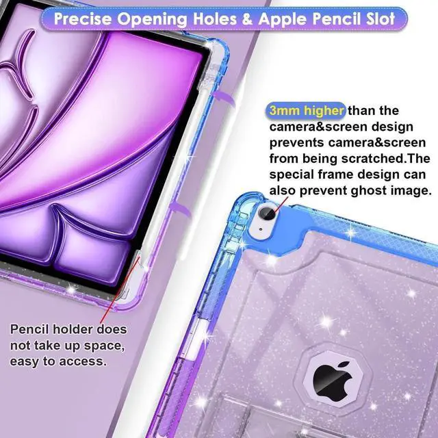 Alt view image 3 of 5 - ZoneFoker for iPad Air M3 13 Inch Case 2025, for iPad Air M2 13-inch 6th Gen 2024 Glitter Slim Cover with Pencil Holder Heavy Duty Shockproof Hard Protective Case with Kickstand for Kids, Purple Blue