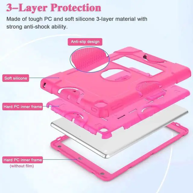 Alt view image 3 of 5 - ZoneFoker for iPad 9th 8th 7th Generation Case, iPad 10.2 Inch 2021/2020/2019 Case, Heavy Duty Rugged Shockproof Protective Cover with Kickstand for Girls Kids Women Hot Pink