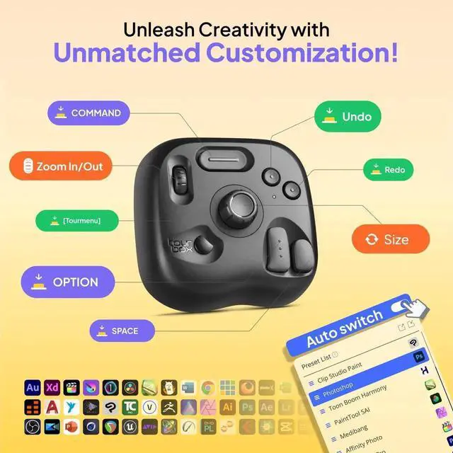 Alt view image 2 of 5 - TourBox Lite - Editing Keyboard Compact, Artists Go-to Drawing Macro Keypad, Works with Clip Studio Paint & More, Creative Console Controller with Custom Software, Streamline All Workflows - Wired
