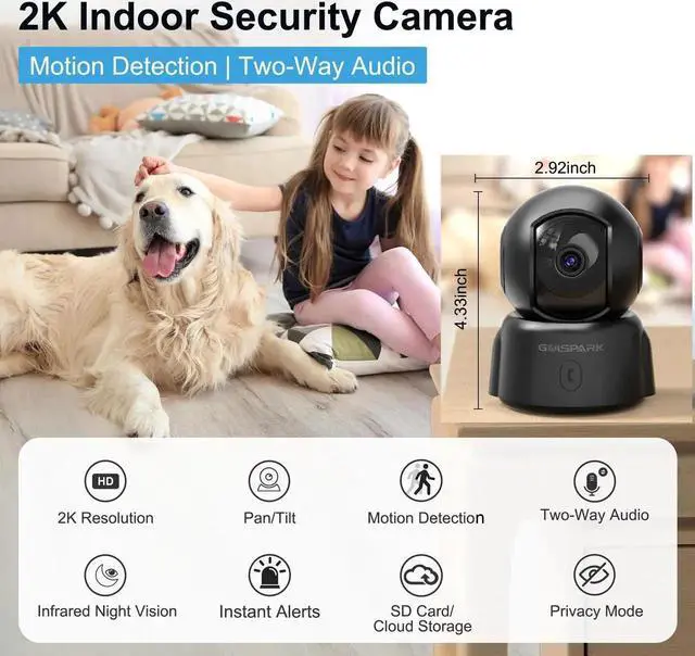 Alt view image 5 of 5 - GOLSPARK 2K Indoor Security Camera for Baby Monitor, 2.4GHz WiFi 360 Pet Camera with Night Vision Motion Tracking Detection Two-Way Audio Sleep Mode SD Card Cloud Storage, Black