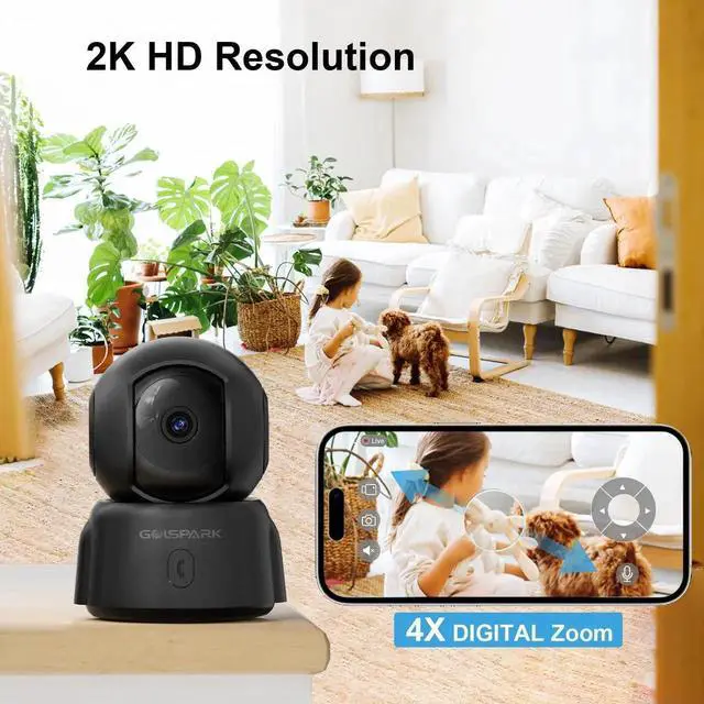 Alt view image 2 of 5 - GOLSPARK 2K Indoor Security Camera for Baby Monitor, 2.4GHz WiFi 360 Pet Camera with Night Vision Motion Tracking Detection Two-Way Audio Sleep Mode SD Card Cloud Storage, Black