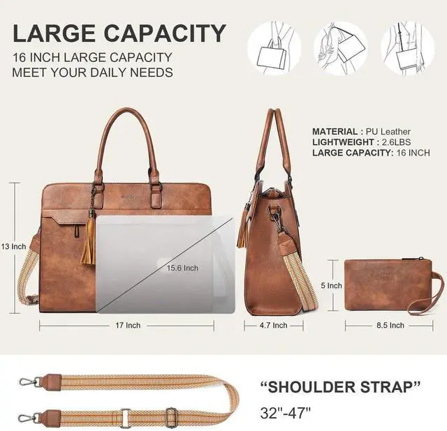 Alt view image 4 of 5 - Shrrie 17 inch Laptop Bag for Women,Water-Resistant Work Bag LaptopTote Bag,Professional Business Tote for Office,Travel,College-Fits 15.6 Laptop&Tablet,Briefcase with Satchel Purse,Two-toned Brown