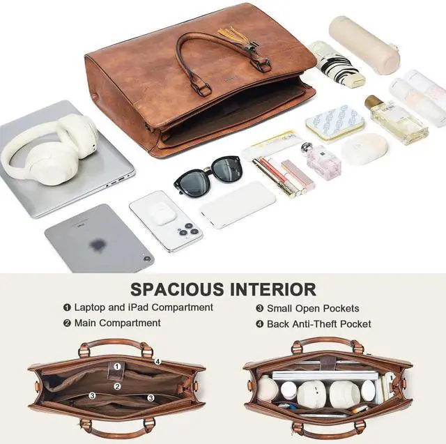 Alt view image 5 of 5 - Shrrie 17 inch Laptop Bag for Women,Water-Resistant Work Bag LaptopTote Bag,Professional Business Tote for Office,Travel,College-Fits 15.6 Laptop&Tablet,Briefcase with Satchel Purse,Two-toned Brown