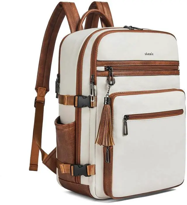 Main image of Shrrie Laptop Backpack for Women,Vegan Leather Backpack Work Computer Backpacks fits 16" Laptop,Water Resistant Teacher Nurse Casual Daypack for Weekender Camping Travel,Beige with Brown