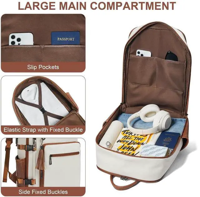 Alt view image 4 of 5 - Shrrie Laptop Backpack for Women,Vegan Leather Backpack Work Computer Backpacks fits 16" Laptop,Water Resistant Teacher Nurse Casual Daypack for Weekender Camping Travel,Beige with Brown