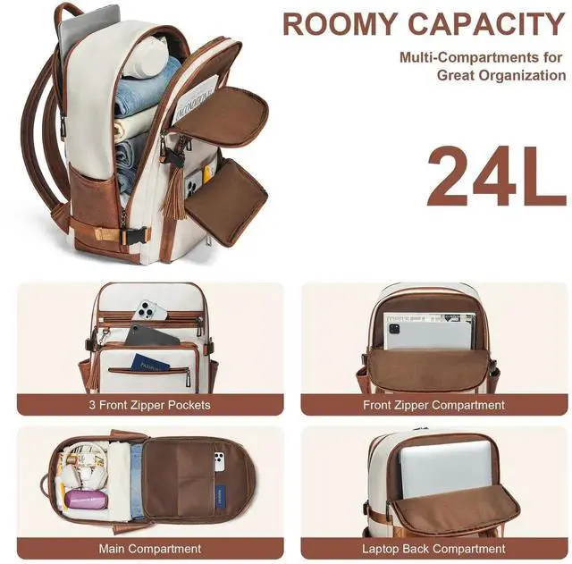 Alt view image 2 of 5 - Shrrie Laptop Backpack for Women,Vegan Leather Backpack Work Computer Backpacks fits 16" Laptop,Water Resistant Teacher Nurse Casual Daypack for Weekender Camping Travel,Beige with Brown