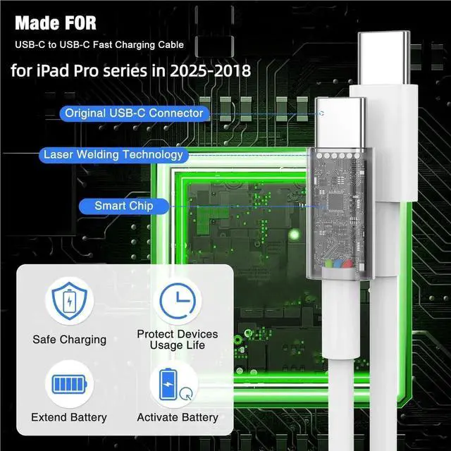 Alt view image 3 of 5 - 45W USB C Fast Charger for iPad Pro 13(M4)/iPad Pro 12.9/11 in 2025-2018,iPad Air M3/M2/5th/4th,iPad 11th A16/10th/Mini 7,iPad Charger Fast Charging Charger Block with 10/6FT C to C Cable-Black