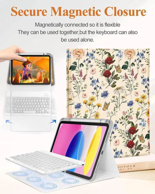 Alt view image 3 of 5 - Wazzasoft for iPad 10th Generation Case with Keyboard - for iPad A16 Cases Pencil Holder 10.9 Inch Cover Women Girls Cute Girly Floral Flower Design Funda for Apple Tablet 10th/11th gen