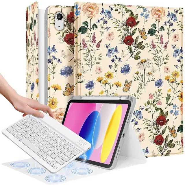 Main image of Wazzasoft for iPad 10th Generation Case with Keyboard - for iPad A16 Cases Pencil Holder 10.9 Inch Cover Women Girls Cute Girly Floral Flower Design Funda for Apple Tablet 10th/11th gen