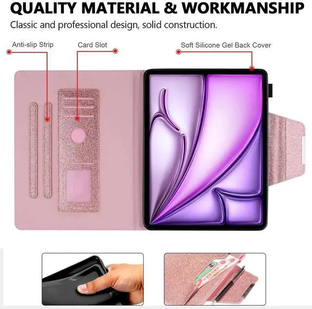 Alt view image 3 of 5 - Glitter Case for iPad Pro 12.9" 3rd/4th/5th/6th Gen & iPad Air 13" M2/M3, Techcircle Folio Stand Smooth Soft TPU Back Smart Cover with Pencil Holder & Card Pocket, Auto Sleep/Wake, Shiny Pink