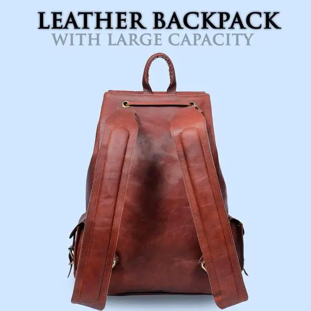 Alt view image 2 of 5 - ANUENT 20" Vintage Leather Backpack for Men and Women - Dark Brown Laptop and Travel Bag - Large Rucksack and Knapsack - Perfect for Business, Work, Leather Bookbag, (Brown)