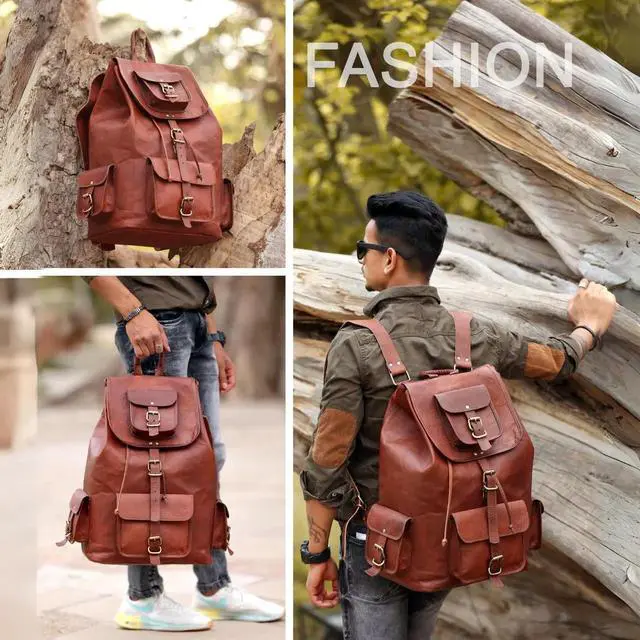 Alt view image 3 of 5 - ANUENT 20" Vintage Leather Backpack for Men and Women - Dark Brown Laptop and Travel Bag - Large Rucksack and Knapsack - Perfect for Business, Work, Leather Bookbag, (Brown)