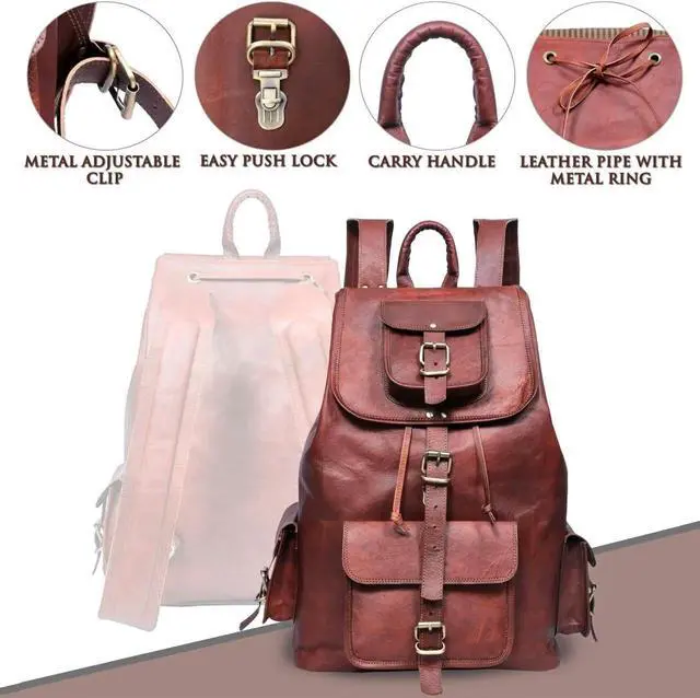 Alt view image 5 of 5 - ANUENT 20" Vintage Leather Backpack for Men and Women - Dark Brown Laptop and Travel Bag - Large Rucksack and Knapsack - Perfect for Business, Work, Leather Bookbag, (Brown)