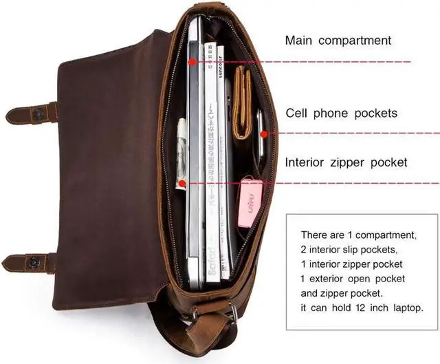 Alt view image 3 of 5 - Contacts Crazy Horse Leather Messenger Bag for Men 12 Inch Laptop Briefcase Computer Shoulder Bag Travel Business (Brown)