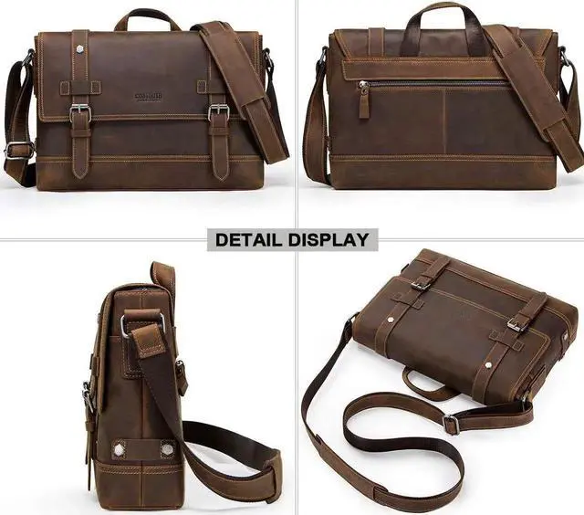 Alt view image 5 of 5 - Contacts Crazy Horse Leather Messenger Bag for Men 12 Inch Laptop Briefcase Computer Shoulder Bag Travel Business (Brown)
