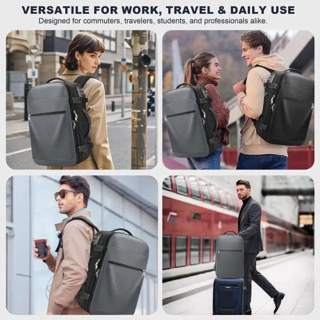 Alt view image 5 of 5 - Vacuum Backpack Travel Expandable Compression Carry On Backpack with Vacuum Pump, Water-Resistant TSA Lock Travel Bag, 17" Laptop Backpack for Men Women, Business Airplane Flight Luggage, Grey