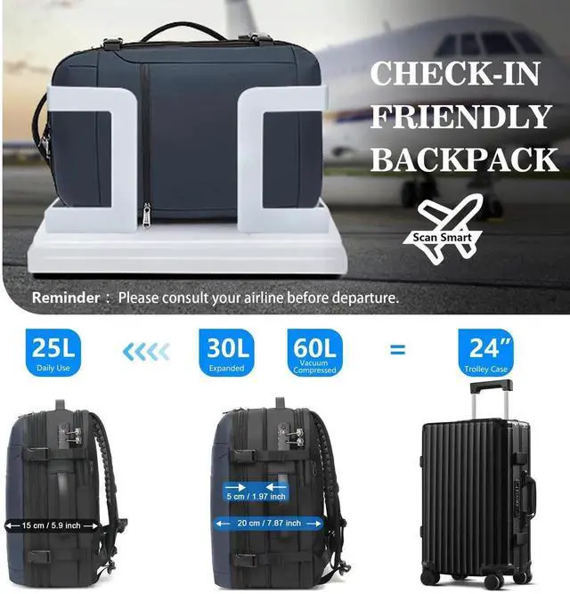 Alt view image 2 of 5 - RIFESI Vacuum Backpack Travel,60L Expandable Vacpack Backpack with Vacuum Pump, Water Resistant &TSA Lock, Easyvacpack Carry On Backpack Flight Approved Fits 17.3" Laptop, Blue