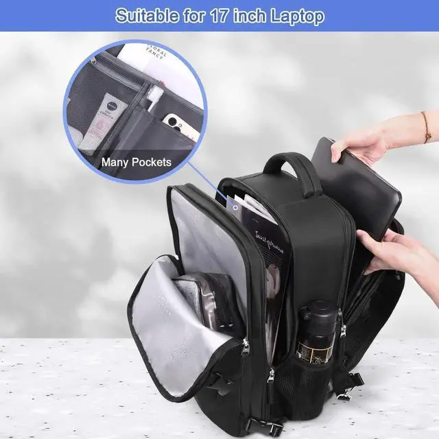 Alt view image 5 of 5 - Sinaliy Large Travel Backpack for Women Men(Black & Black), 40L Carry On Backpack, 17 Inch Laptop Waterproof Casual Backpack, College Bookbag, Backpack for Women, as Person Item Flight Approved