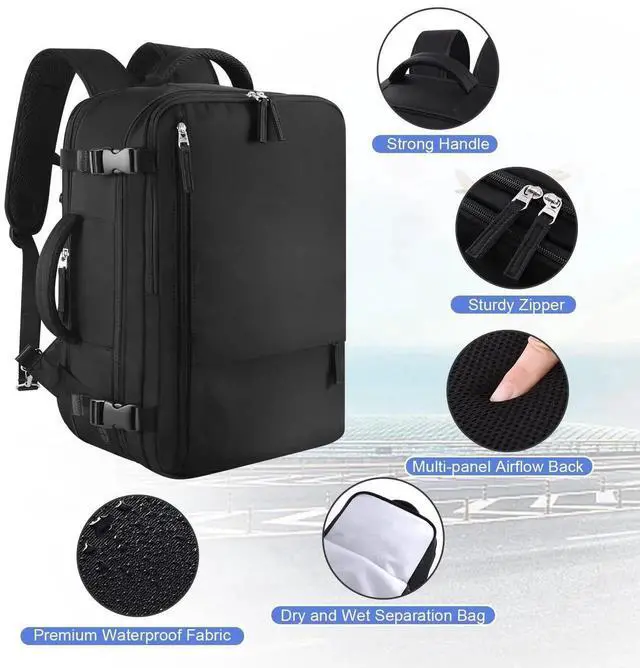 Alt view image 3 of 5 - Sinaliy Large Travel Backpack for Women Men(Black & Black), 40L Carry On Backpack, 17 Inch Laptop Waterproof Casual Backpack, College Bookbag, Backpack for Women, as Person Item Flight Approved