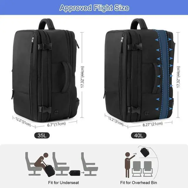 Alt view image 2 of 5 - Sinaliy Large Travel Backpack for Women Men(Black & Black), 40L Carry On Backpack, 17 Inch Laptop Waterproof Casual Backpack, College Bookbag, Backpack for Women, as Person Item Flight Approved