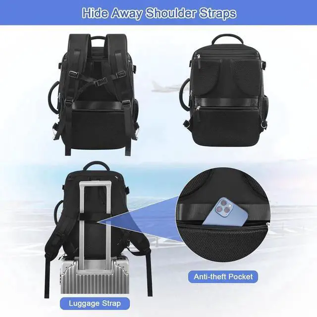 Alt view image 4 of 5 - Sinaliy Large Travel Backpack for Women Men(Black & Black), 40L Carry On Backpack, 17 Inch Laptop Waterproof Casual Backpack, College Bookbag, Backpack for Women, as Person Item Flight Approved