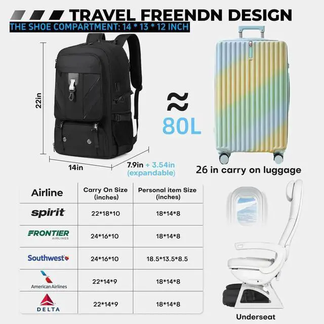 Alt view image 3 of 5 - 18.4 Inch Large Travel Backpack with Shoe Compartment,80L Water Resistant Anti Theft Backpacks with USB Charging Port,Carry on Flight Approved Laptop Bag Multiple Backpack (Fits above 5.91 ft height)