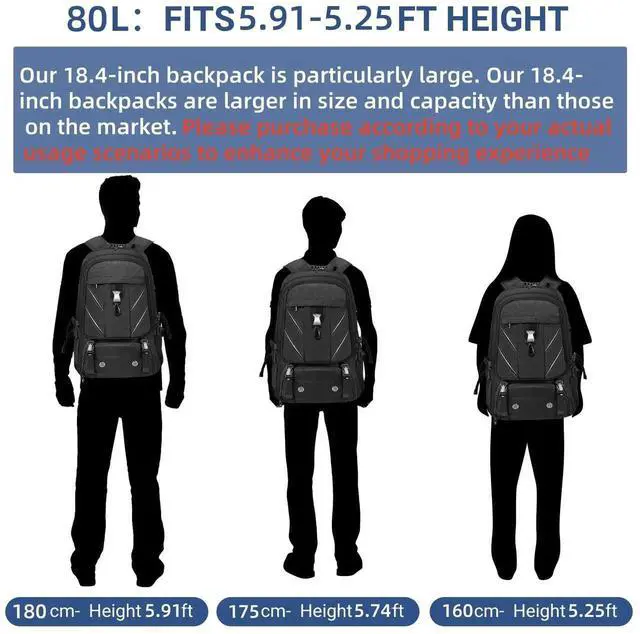 Alt view image 5 of 5 - 18.4 Inch Large Travel Backpack with Shoe Compartment,80L Water Resistant Anti Theft Backpacks with USB Charging Port,Carry on Flight Approved Laptop Bag Multiple Backpack (Fits above 5.91 ft height)