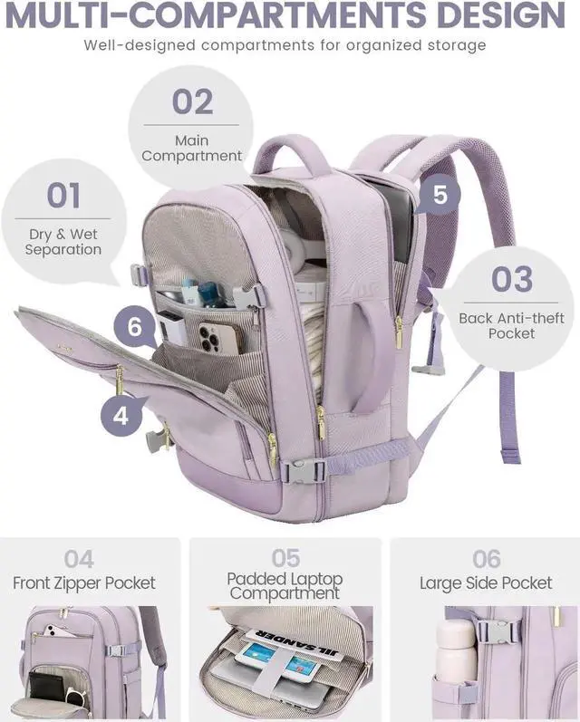 Alt view image 5 of 5 - LOVEVOOK Travel Backpack For Women, 40L Carry On Backpack Flight Approved, TSA Personal Item Travel Bag Fits 17 Inch Laptop, Business Weekender Overnight Waterproof Daypack With 2 Cubes, Light Purple