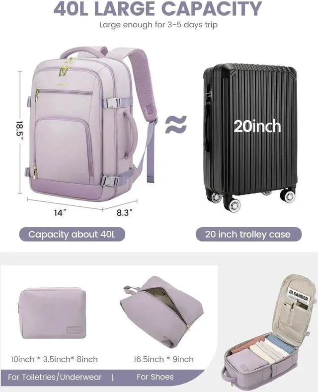Alt view image 2 of 5 - LOVEVOOK Travel Backpack For Women, 40L Carry On Backpack Flight Approved, TSA Personal Item Travel Bag Fits 17 Inch Laptop, Business Weekender Overnight Waterproof Daypack With 2 Cubes, Light Purple