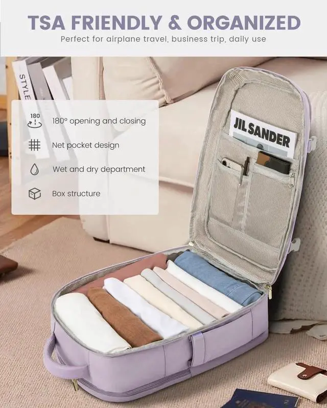 Alt view image 3 of 5 - LOVEVOOK Travel Backpack For Women, 40L Carry On Backpack Flight Approved, TSA Personal Item Travel Bag Fits 17 Inch Laptop, Business Weekender Overnight Waterproof Daypack With 2 Cubes, Light Purple