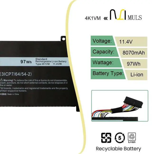 Alt view image 5 of 5 - MULS 4K1VM 97Wh Battery Replacement for Dell G7 17 7700 Vostro 15 7500 Series Laptop W62W6 0W62W6 XYCW0 0XYCW0 9TM7D 09TM7D V0GMT NYD3W 0NYD3W NCC3D 0NCC3D 8070mAh 6-Cell