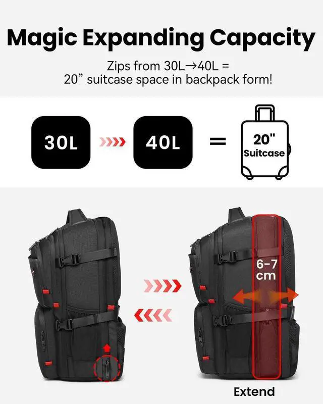 Alt view image 5 of 5 - CROSSGEAR Travel Backpack, 30-40L Expandable, 17.3 Inch Large Travel Laptop Backpack, TSA-Friendly Carry On Luggage Airline Approved, Multi-Pocket, Water Resistant Casual Daypack for Men