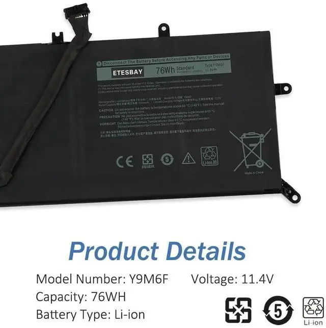 Alt view image 3 of 5 - ETESBAY Y9M6F Laptop Battery Compatible with Dell Alienware M15 R2 ALW17M-D4758W ALW17M-D4725W P87F Alienware M17 R2 P41E Series 0Y9M6F 8K84V 08K84V 11.4V 76Wh