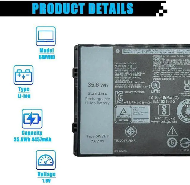 Alt view image 5 of 5 - AOMKA 35.6Wh 6WVHD Laptop Battery Replacement for Dell Latitude 7230 Rugged Extreme Tablet T06H T06H001 Series Notebook FNW8F VDDJY 0VDDJY JM6CX 0JM6CX 451-BDDY 7.6V 4457mAh