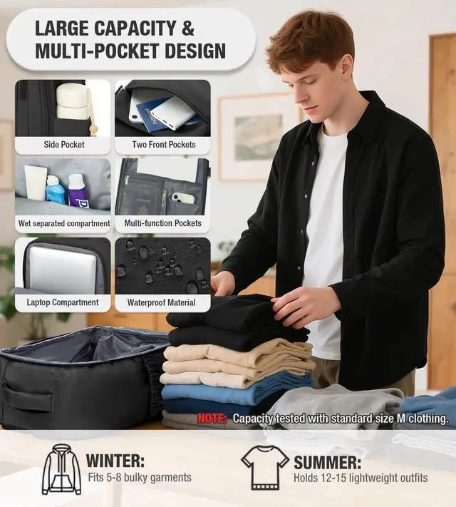 Alt view image 4 of 5 - VECAVE Vacuum Backpack Travel with Pump for Women, Personal Item Carry on Backpacks Flight Approved for Men,Laptop Waterproof Work Compression bags Casual Daypack Black