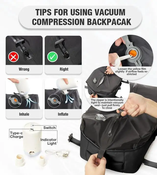 Alt view image 3 of 5 - VECAVE Vacuum Backpack Travel with Pump for Women, Personal Item Carry on Backpacks Flight Approved for Men,Laptop Waterproof Work Compression bags Casual Daypack Black