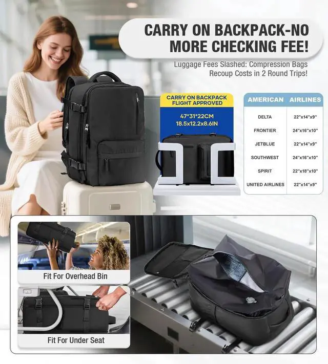 Alt view image 2 of 5 - VECAVE Vacuum Backpack Travel with Pump for Women, Personal Item Carry on Backpacks Flight Approved for Men,Laptop Waterproof Work Compression bags Casual Daypack Black