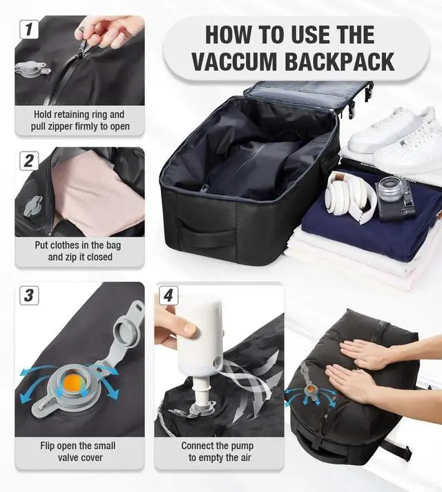 Alt view image 5 of 5 - VECAVE Vacuum Backpack Travel with Pump for Women, Personal Item Carry on Backpacks Flight Approved for Men,Laptop Waterproof Work Compression bags Casual Daypack Black