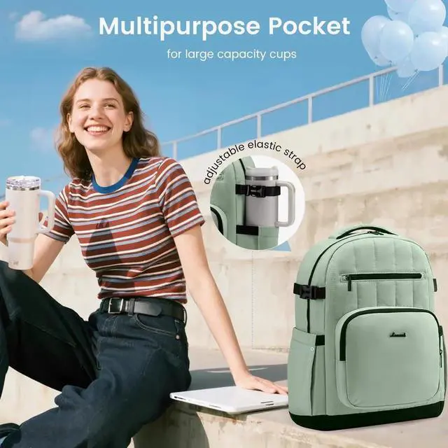 Alt view image 4 of 5 - LOVEVOOK Laptop Backpack Women with Pouch Pocket for Large Capacity Cup,15.6 Inch Lightweight Puffer Computer Laptop Bag Travel Backpack Purse for Work College Teacher Personal Item,Mint Green-Black