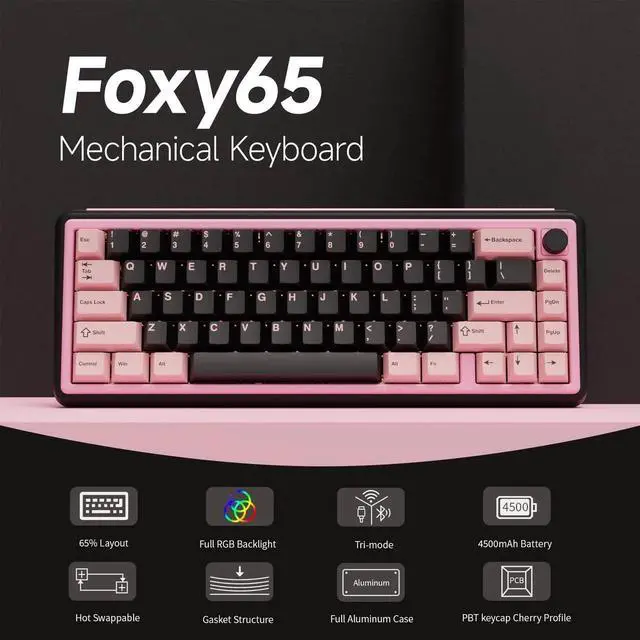 Alt view image 4 of 5 - OOCTPK Chilkey Foxy65 Mechanical Keyboard with Knob, Gasket Mount 65% Aluminum Wireless Mechanical Keyboard, BT5.0/2.4GHz/USB-C, Hot Swappable, RGB Backlit Computer Custom Key Board for PC
