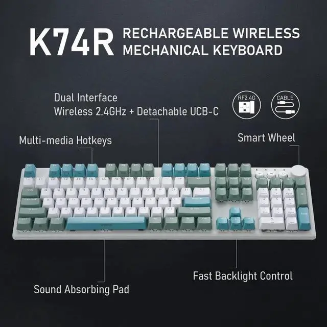 Alt view image 4 of 5 - iRocks K74R Wireless RGB Illuminated Mechanical Gaming Keyboard, Hot-Swappable Switches, Easy-to-Clean Floating Design, PBT 107 Keys NKRO, Detachable USB-C Cable - Island Blue (Blue Switches)
